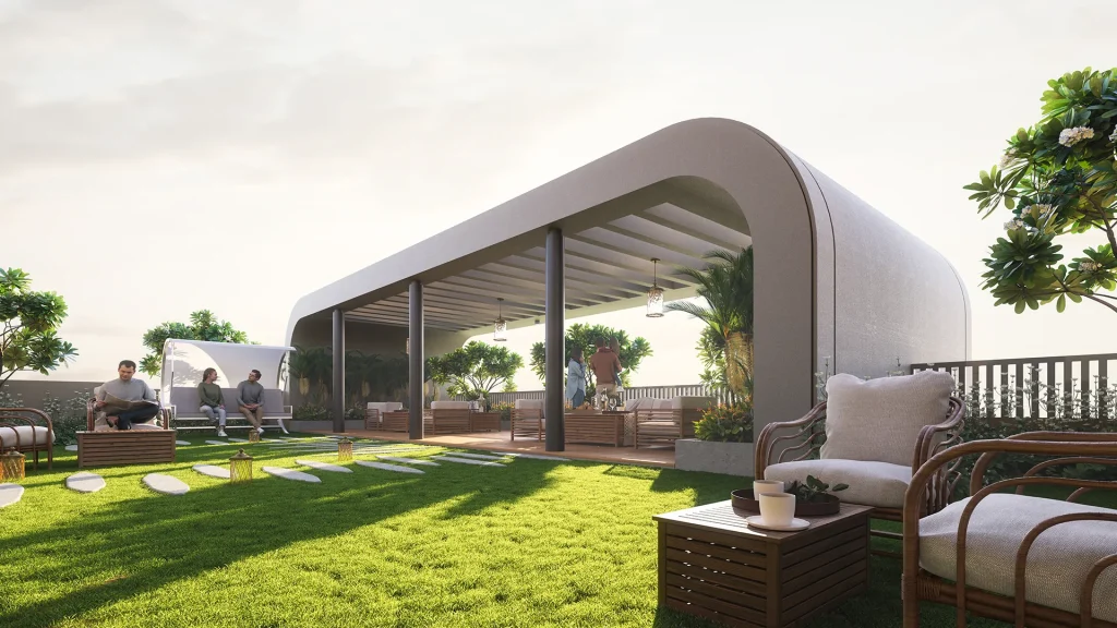 3D exterior visualization of Aarna 48 with modern elevation and wide frontage